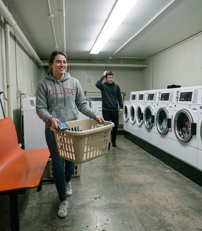 Students using communal laundry room equipped with SecuriT
